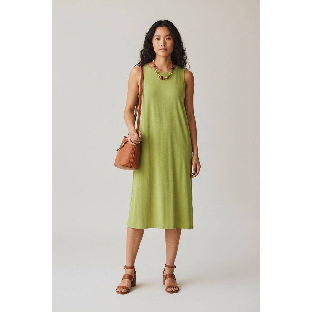 Eileen Fisher tank Dress Womens Large Green organic cotton minimalist Midi